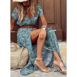 2/$50 NEW Bohemian Large Paisley V-Neck Maxi Wrap Dress Belt Large Slit